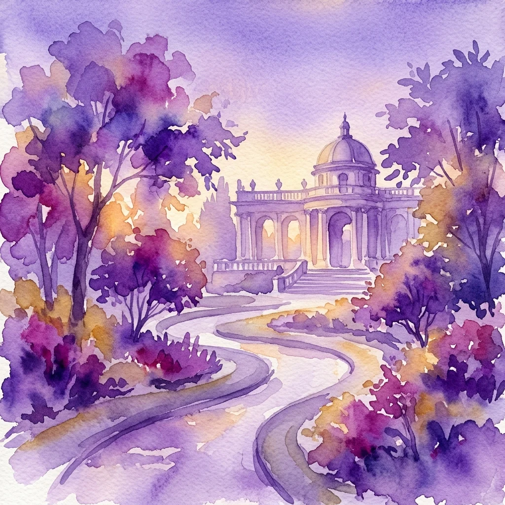 A watercolor painting of a classical palace terrace and winding garden paths at dusk, with purple and golden hues, evoking the serene atmosphere of Łazienki Park during sunset.