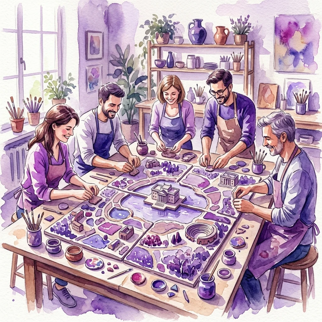 Adult participants in a workshop collaboratively creating a ceramic map of the Royal Łazienki Museum grounds, focusing on architectural elements and landscapes in a warm, community-oriented setting.