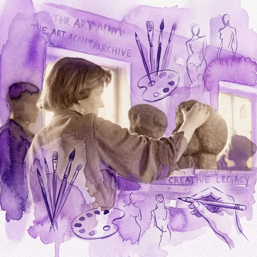 Ilustracja akwarelowa przedstawiająca studentów rzeźbiących i rysujących w pracowni artystycznej, otoczonych materiałami plastycznymi oraz fioletowym tekstem „The Art Academy Archive” i „Creative Legacy”.