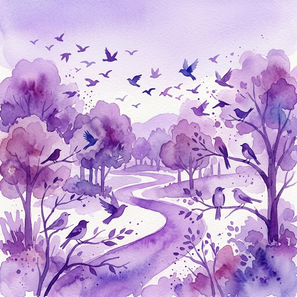 Ilustracja akwarelowa parku z fioletowymi drzewami, krętą ścieżką oraz ptakami w locie i siedzącymi na gałęziach, przywołująca spokojne, naturalne otoczenie.