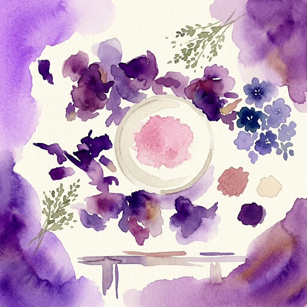 Ilustración en acuarela de ingredientes naturales para spa que incluyen flores secas, hierbas y arcillas de colores, representando un taller sobre la creación de productos de cuidado de la piel hechos a mano en el spa Łazienki.