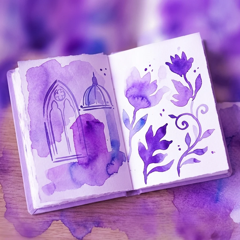 Een open schetsboek met aquarelillustraties van architectonische elementen en bloemmotieven in paarse tinten, die het project 'Łazienkowskie szkicowniki' van het Museum van het Koninklijk Paleis in Warschau vertegenwoordigen.