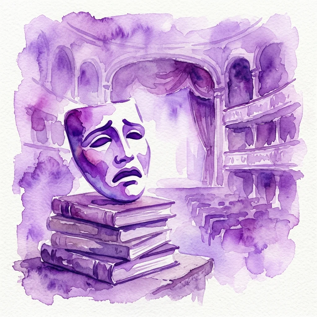 Una ilustración de acuarela púrpura de una máscara teatral sobre una pila de libros, con el telón de fondo de un interior de teatro antiguo.