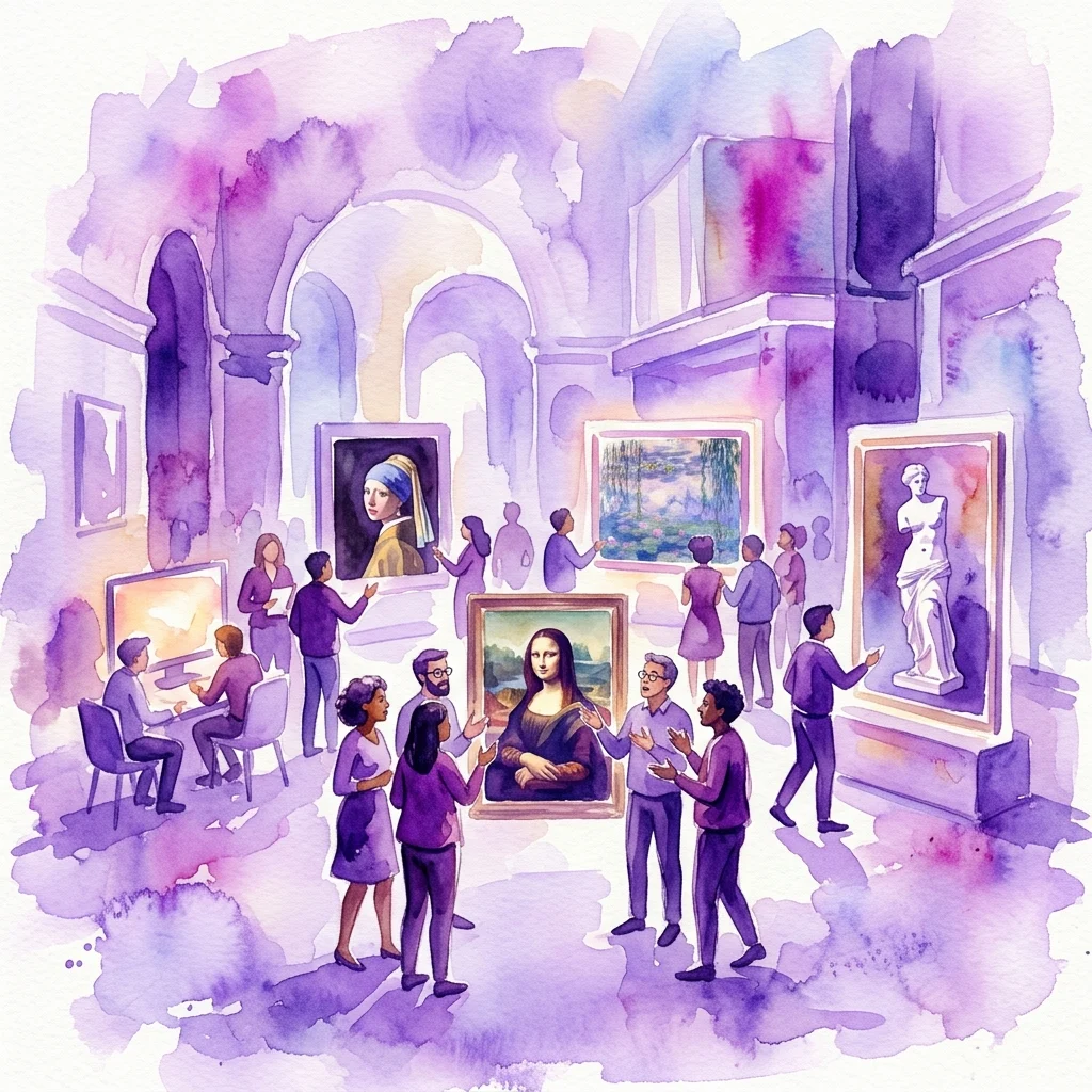 Een geïllustreerd aquareltafereel van mensen die deelnemen aan een online kunstdiscussieworkshop, verzameld rond digitale displays van beroemde kunstwerken zoals de Mona Lisa en de Venus van Milo in een virtuele galerie.