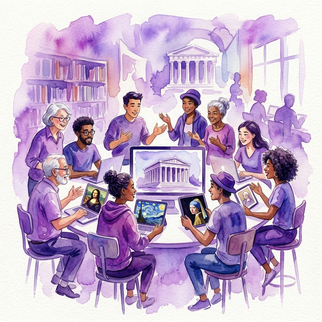 Un grupo diverso de adultos jóvenes y personas mayores participando en una discusión de arte en línea, con computadoras portátiles que muestran obras de arte clásicas y un edificio clásico al fondo.