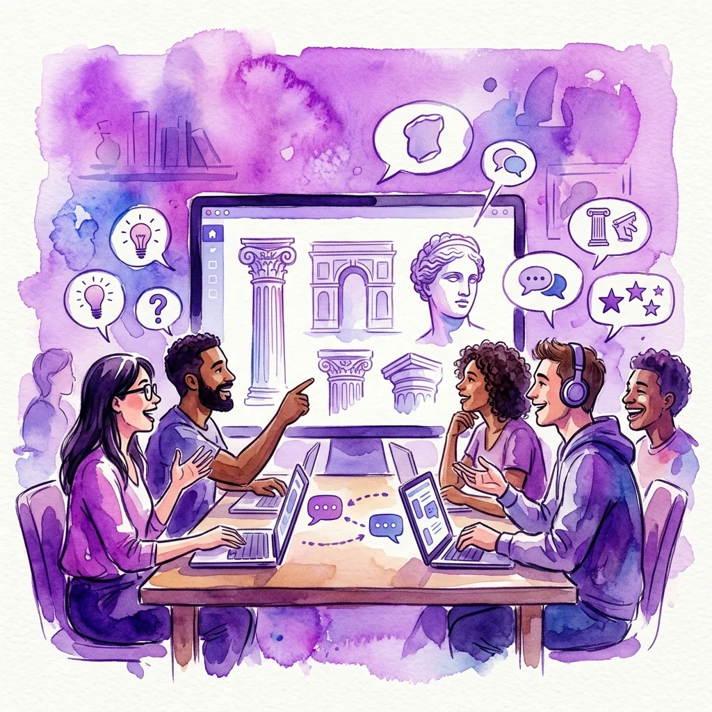 An online art discussion workshop with diverse participants engaging with digital representations of classical architecture and sculptures, fostering intellectual curiosity and conversation.
