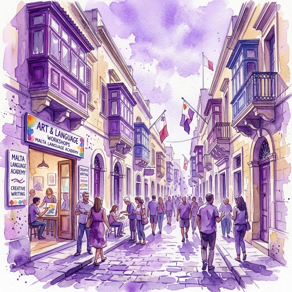 Een aquarelillustratie van een straatscène op Malta met historische gebouwen, wandelende mensen en een bord voor 'Art & Language Workshops' bij de Malta Language Academy.