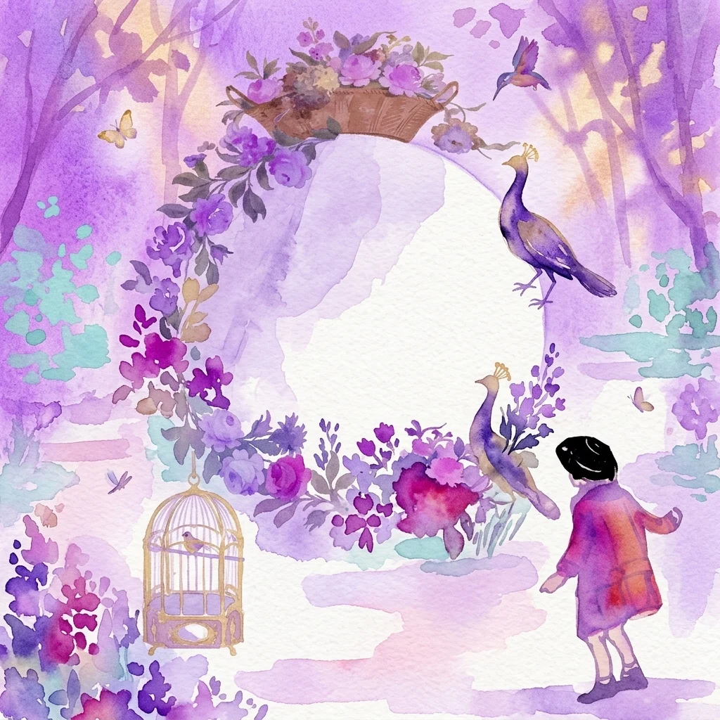 Ilustracja akwarelowa dziecka w płaszczu spacerującego po bujnym, fioletowym ogrodzie królewskim z pawiami, klatką dla ptaków i łukami kwiatowymi, przywołująca historyczną atmosferę Ogrodów Królewskich Łazienki.