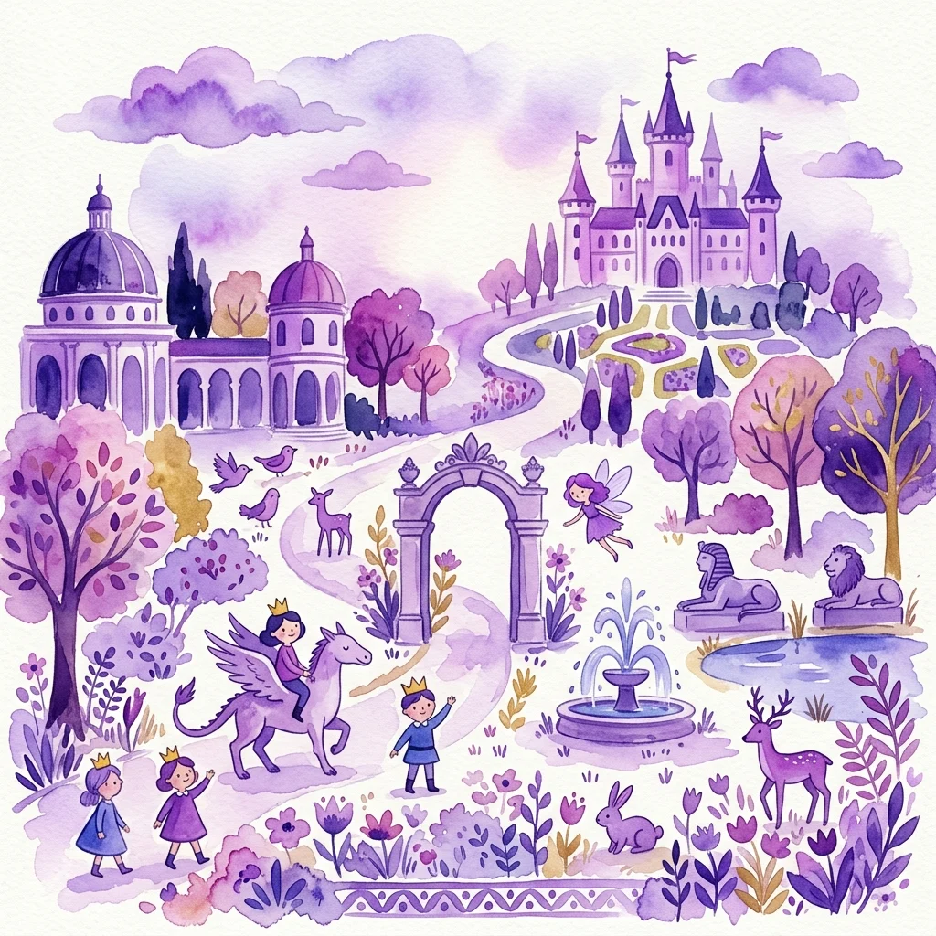 Fantazyjna ilustracja akwarelowa królewskiego parku z fioletowymi zamkami, ogrodami i mitycznymi stworzeniami, takimi jak wróżki i uskrzydlone konie, przywołująca magiczną przygodę z dziecięcej bajki.