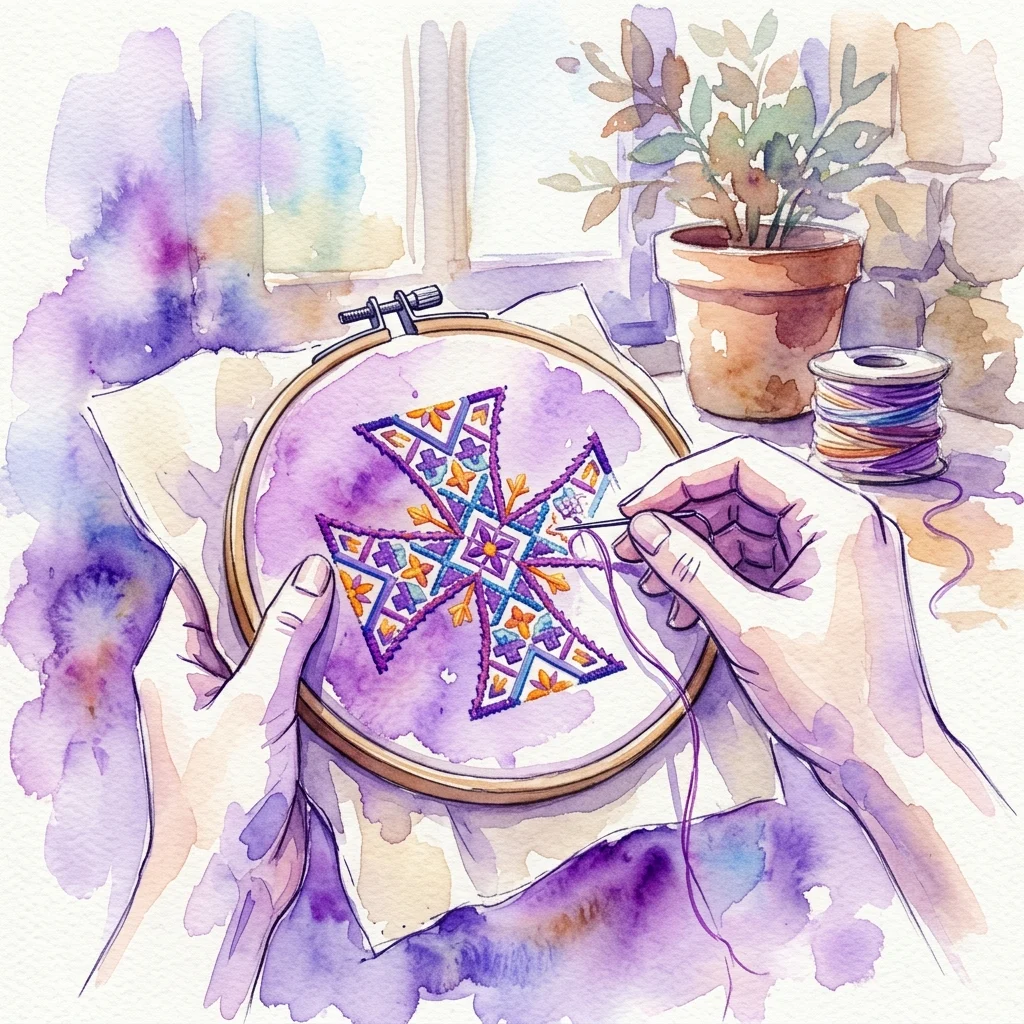 Ilustracja akwarelowa przedstawiająca ręce wyszywające na tkaninie żywy wzór maltańskich płytek, w jasnym warsztacie z rośliną doniczkową i szpulami nici.