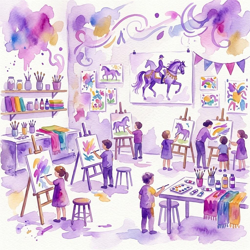 Niños y adultos pintando en un vibrante taller de arte inspirado en el 'Jinete Polaco' de Rembrandt, con caballetes, materiales de arte y coloridas obras de arte temáticas de caballos.