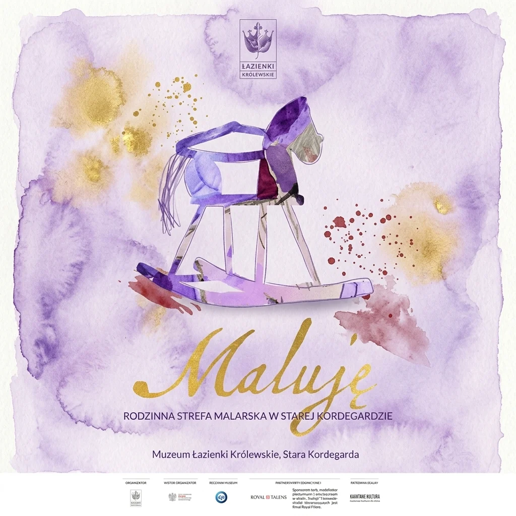 Una ilustración en acuarela de un caballito balancín morado sobre un fondo lavanda con salpicaduras doradas y rojas, promocionando la zona de arte familiar 'Maluję' en el Museo Real de Lazienki en Varsovia.