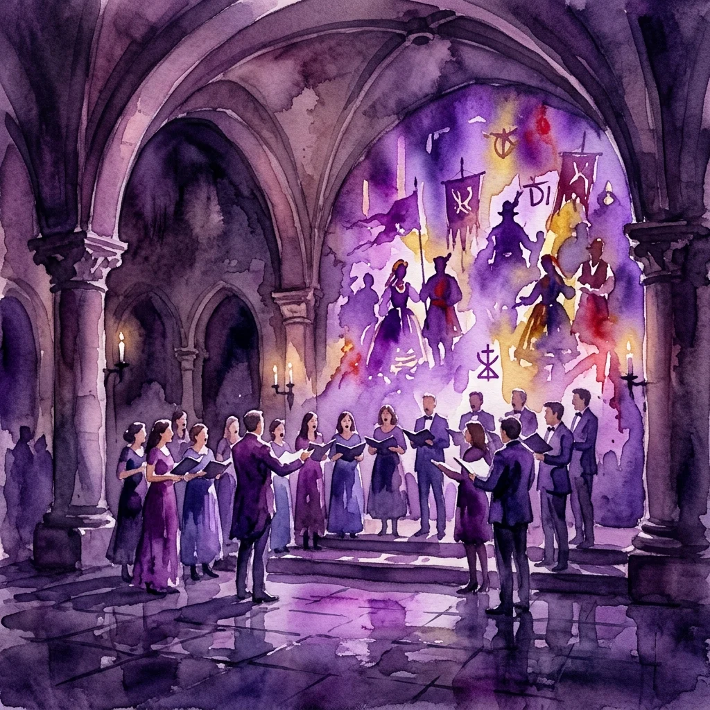 A watercolor illustration of a choir performing in a dimly lit palace interior, with abstract projections inspired by Stanisław Wyspiański's drama 'Noc Listopadowa', evoking a modern interpretation of historical themes.