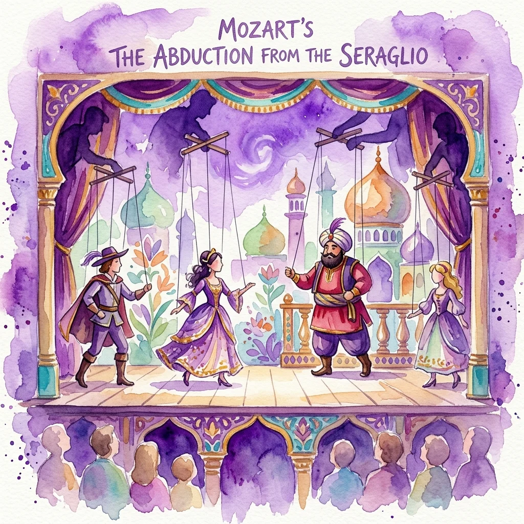 Ilustracja akwarelowa przedstawienia teatralnego "Uprowadzenie z Seraju" Mozarta, ukazująca marionetki na scenie z egzotyczną scenografią i publicznością na pierwszym planie.