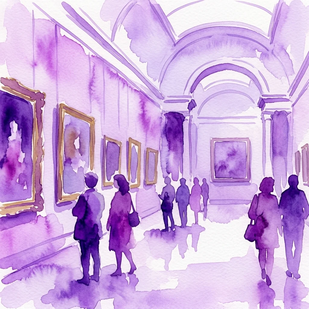 Een aquarelillustratie van een statige galerijgang met bezoekers die schilderijen bekijken, met een paars en wit kleurenschema en gewelfde plafonds.