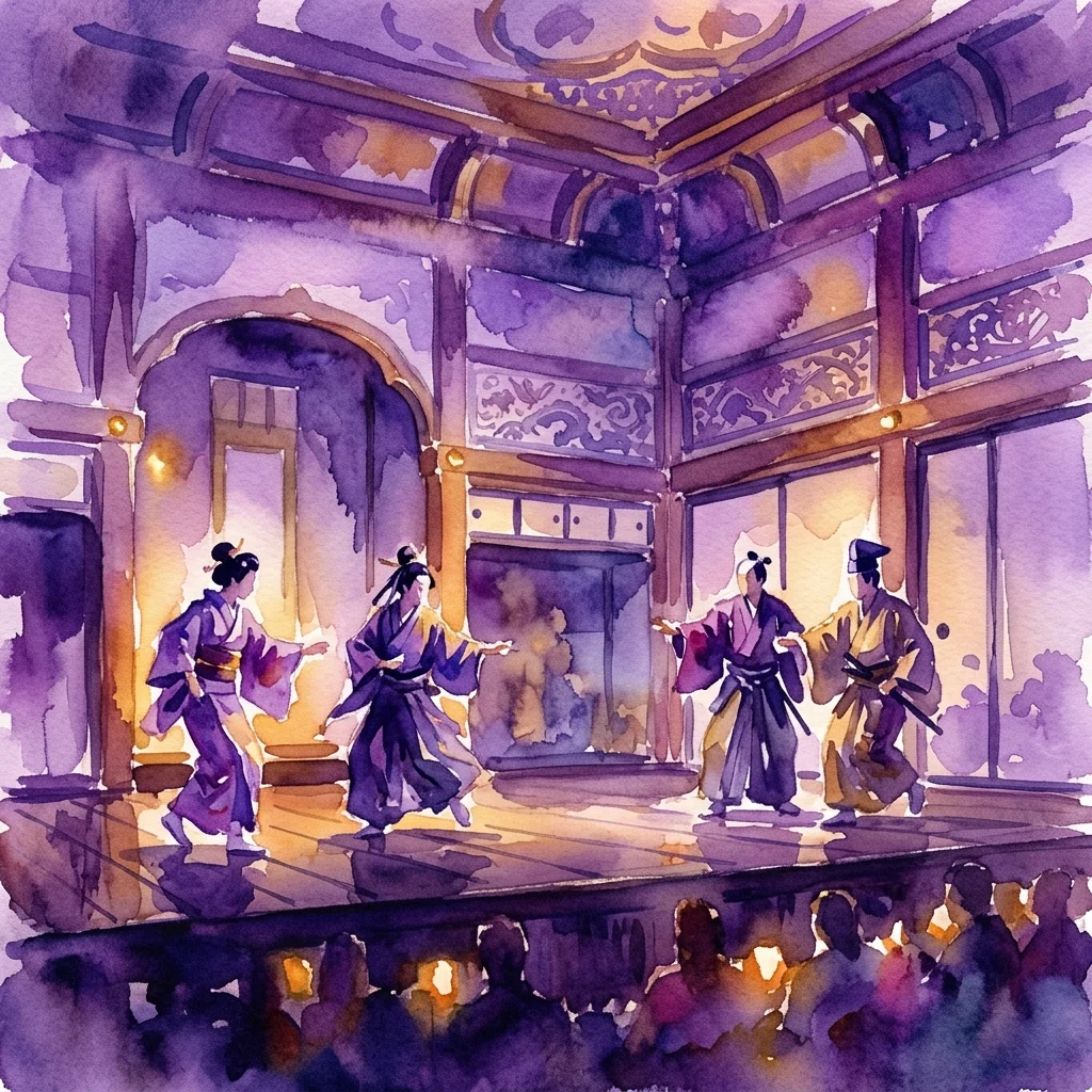 Ilustracja akwarelowa tradycyjnego japońskiego przedstawienia teatralnego na scenie w ozdobnym pałacu, z aktorami w kimonach i publicznością obserwującą w ciepłym oświetleniu.