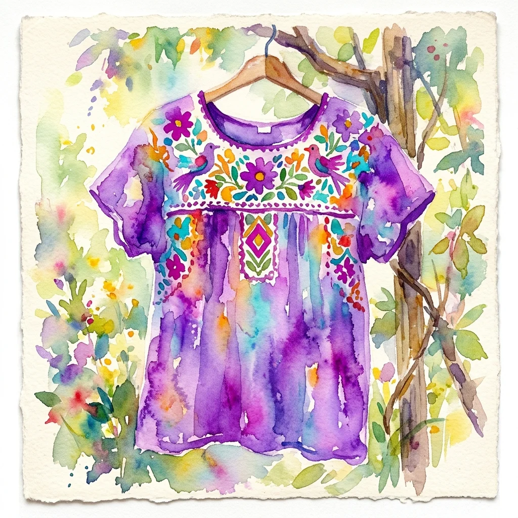 A watercolor illustration of a purple Mexican huipil blouse with colorful floral and bird embroidery, hanging on a wooden hanger in a garden setting.
