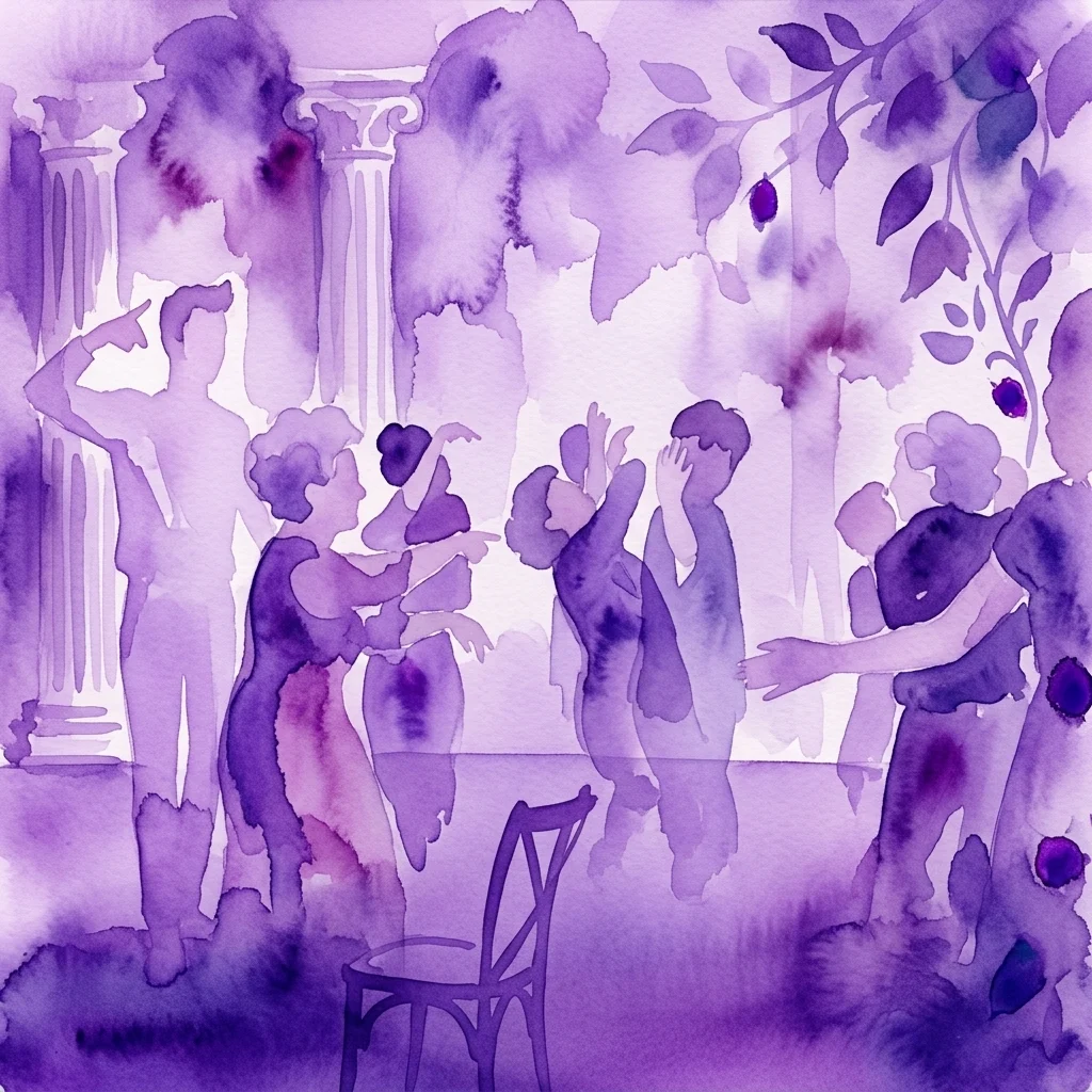 Een aquarelillustratie in paarse tinten die figuren in klassieke en moderne kleding afbeeldt die op een theatrale scène met elkaar interageren, met thema's van transformatie en intergenerationele dialoog uit de voorstelling 'Metamorfozy'.