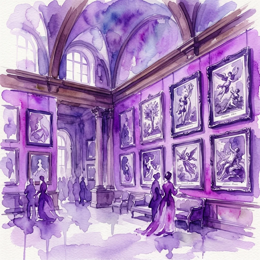 An 18th-century gallery with purple-hued walls displaying engravings from the Royal Collection of Prints of Stanisław August, inspired by Ovid's Metamorphoses, with visitors observing the artworks.