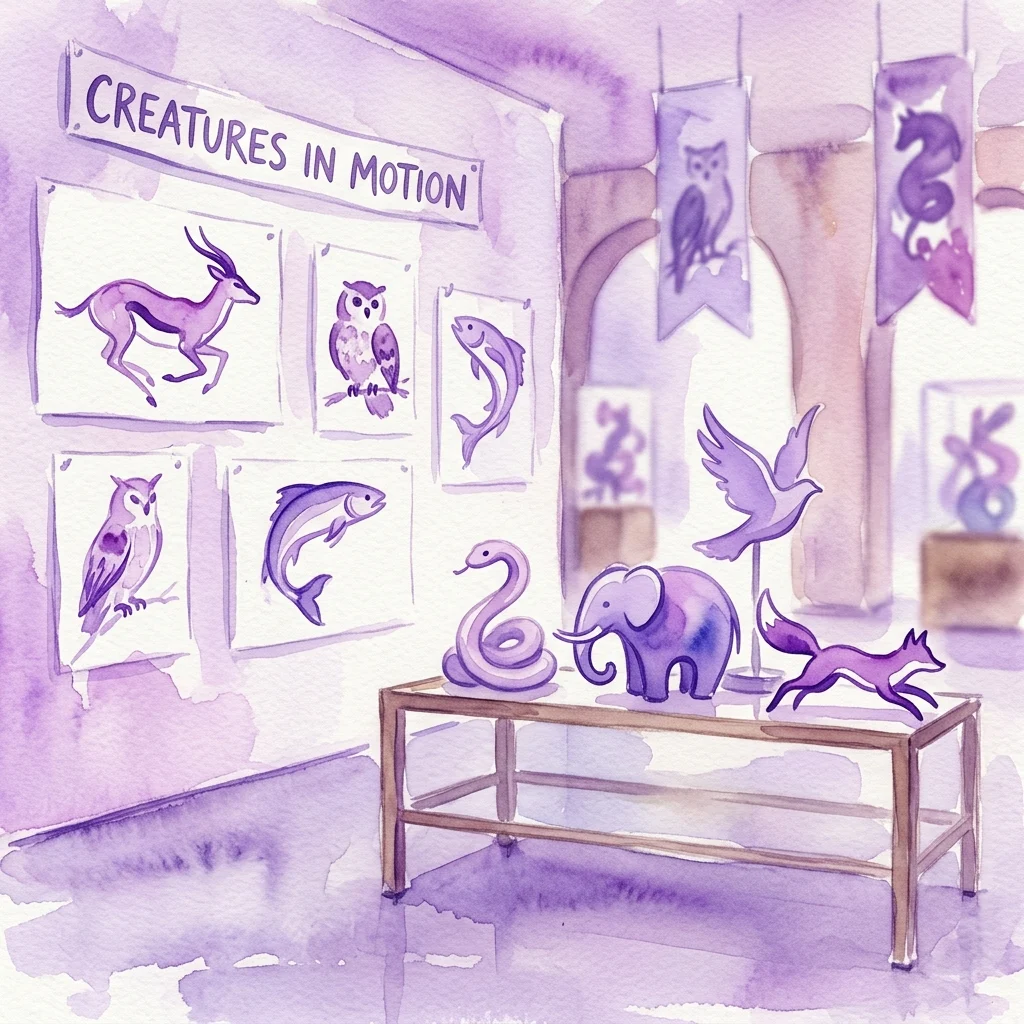 Ilustracja akwarelowa wystawy sztuki zatytułowanej 'Creatures in Motion', prezentująca stylizowane rzeźby i rysunki zwierząt autorstwa Domicelli Bożekowskiej, ukazująca różne zwierzęta w ruchu.