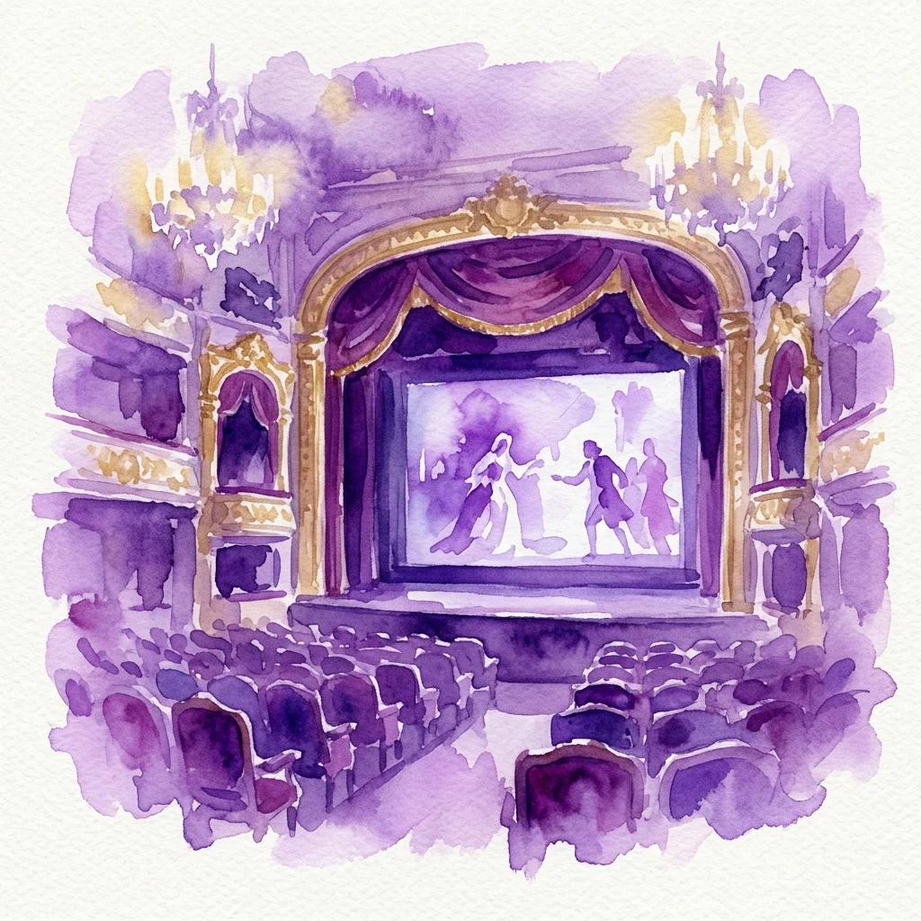 Waterverfillustratie van een sierlijk historisch theaterpodium met paarse draperie en kroonluchters, met een uitvoeringsscène op een scherm, gesitueerd in het Koninklijk Łazienki Museum.