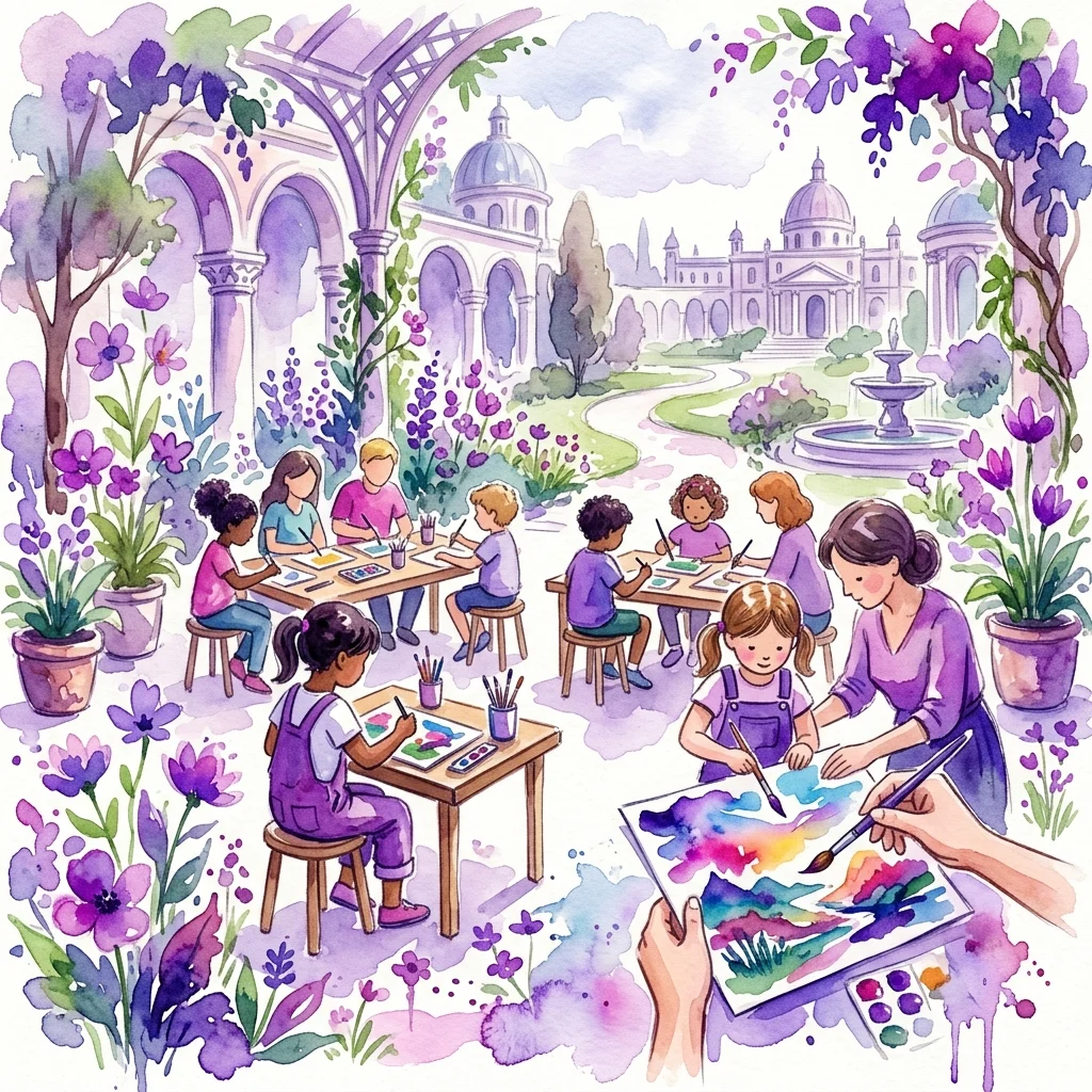 Niños y adultos participan en un colorido taller de ilustración en acuarela inspirado en el Parque Łazienki, con arquitectura clásica y exuberantes jardines de fondo.