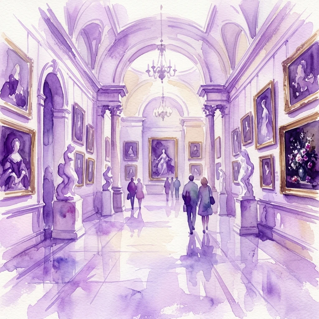 Ilustracja akwarelowa przedstawiająca wielką galerię z odwiedzającymi oglądającymi klasyczne obrazy i rzeźby, nawiązująca do królewskich kolekcji sztuki Stanisława Augusta.