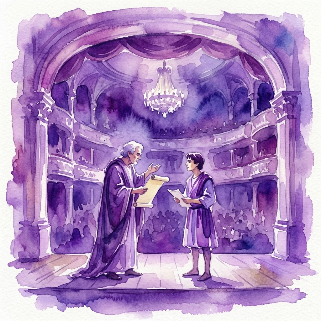 Ilustracja akwarelowa przedstawiająca spektakl teatralny w wielkim, zabytkowym teatrze, z dwoma aktorami na scenie czytającymi zwoje, reprezentująca wydarzenie „Nasze Virtuti Militari” w Teatrze Królewskim.