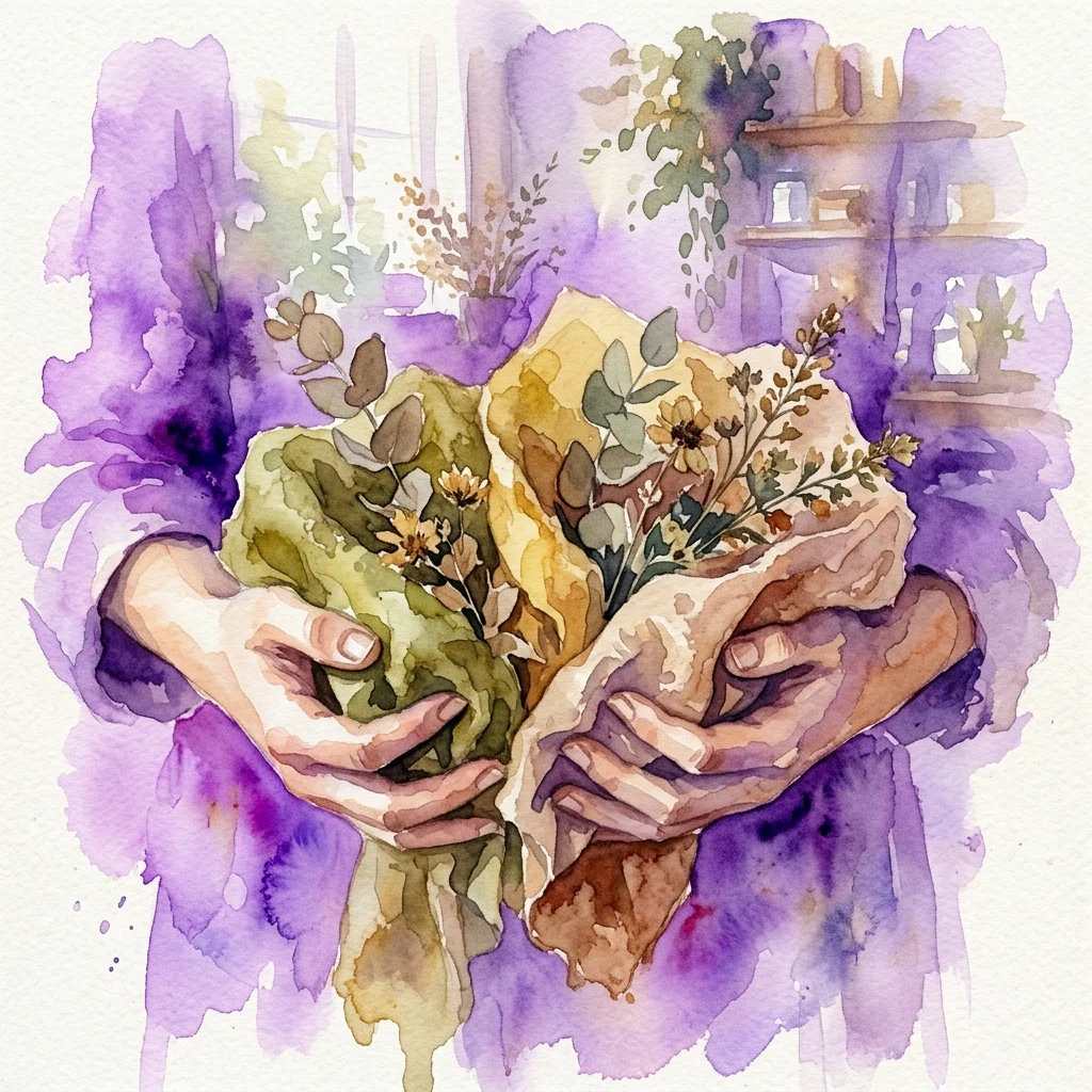 Una ilustración en acuarela de manos que sostienen tela teñida con colores naturales a base de plantas, rodeada de flores y hojas secas, que representa un taller sobre técnicas de teñido natural.