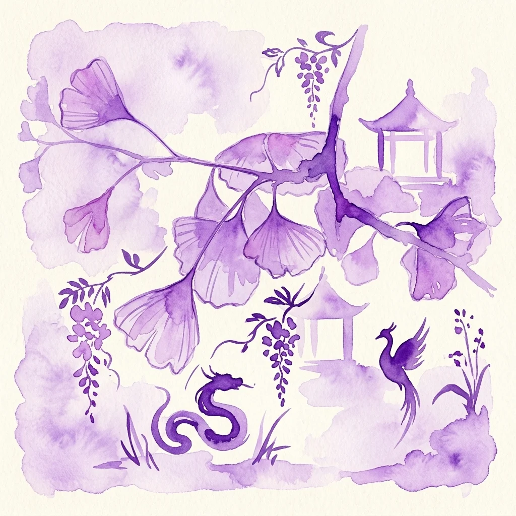 Fioletowa ilustracja akwarelowa osiemnastowiecznego ogrodu orientalnego z liśćmi ginkgo, pagodami, feniksem i smokiem, nawiązująca do stylu Chinoiserie.