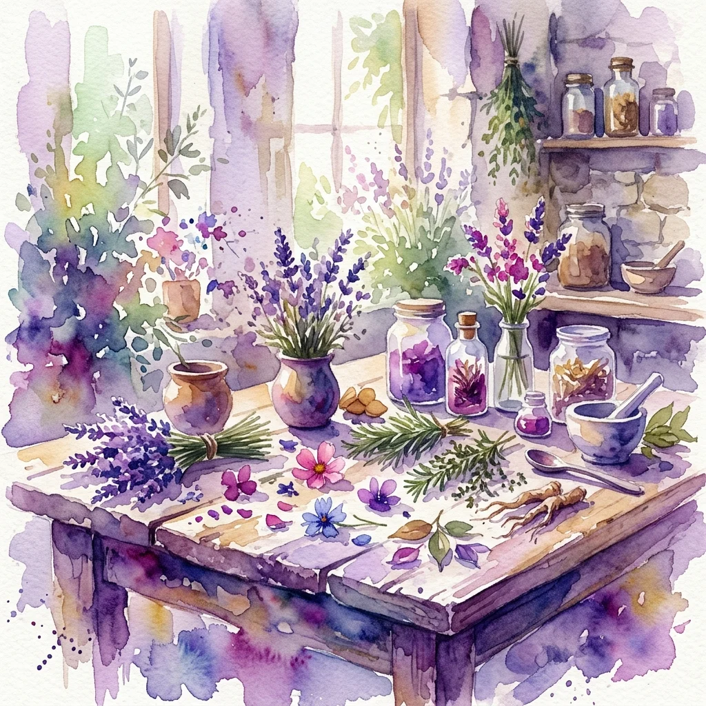 Ilustracja akwarelowa drewnianego stołu z ziołami, kwiatami i słoikami, przedstawiająca historyczną pracownię tworzenia naturalnych kosmetyków inspirowaną łazienkowskim ogrodem.
