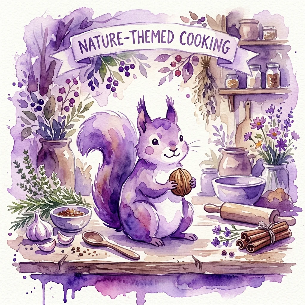 Een grillige aquarelillustratie van een paars eekhoorntje met een noot, omringd door kruiden, specerijen en kookingrediënten, met daarboven een banier met de tekst 'NATUUR-THEMA KOKEN'.