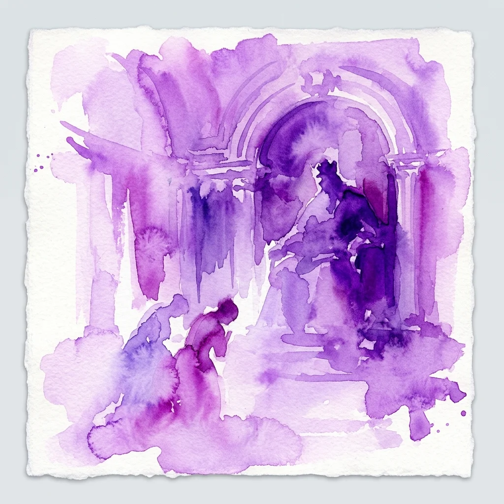 A purple watercolor painting depicting a historical scene with figures in a grand architectural setting, evoking themes of power and subjugation.