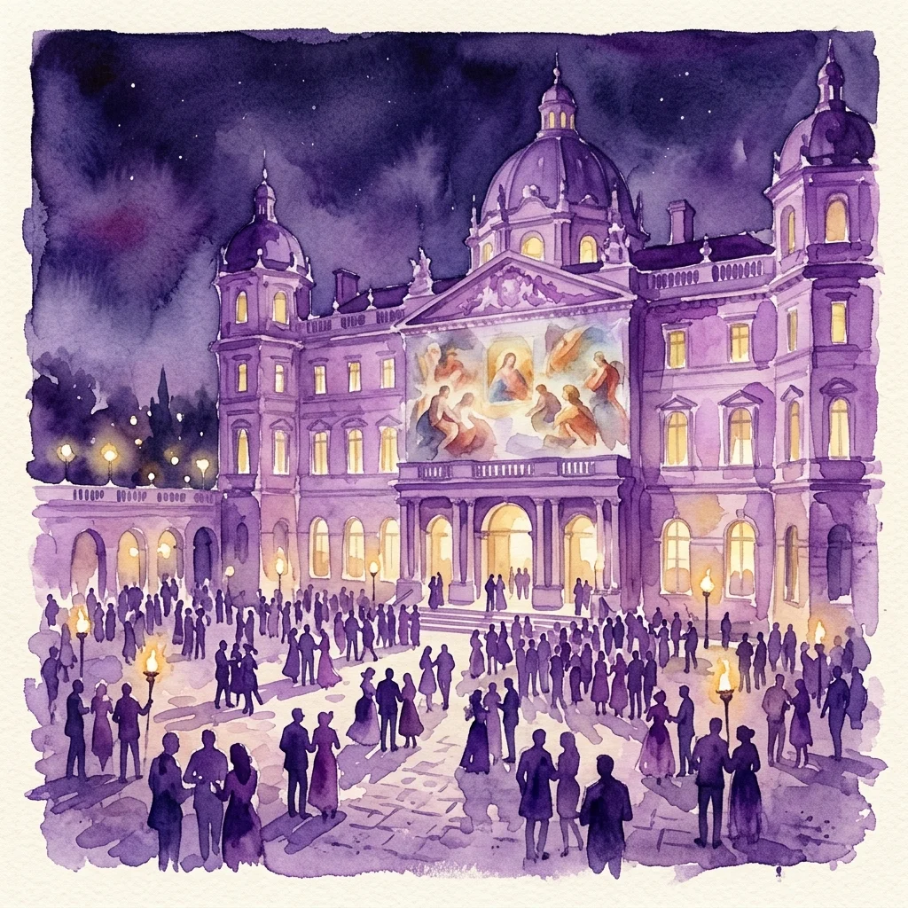 Ilustracja akwarelowa Pałacu na Wyspie nocą podczas Nocy Muzeów 2016, oświetlonego ciepłym światłem i prezentującego na fasadzie dużą projekcję klasycznych obrazów, z tłumami zebranymi na dziedzińcu.