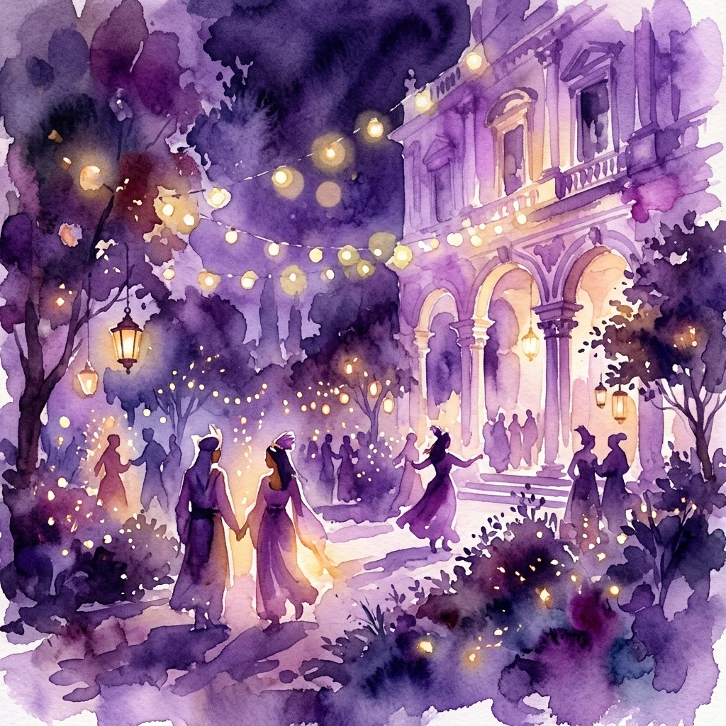 Ilustracja akwarelowa uroczystego nocnego wydarzenia w historycznym ogrodzie pałacowym, z postaciami w kostiumach tańczącymi pod girlandami świetlnymi i oświetloną klasycystyczną architekturą, przywołująca atmosferę Noc Muzeów 2017.