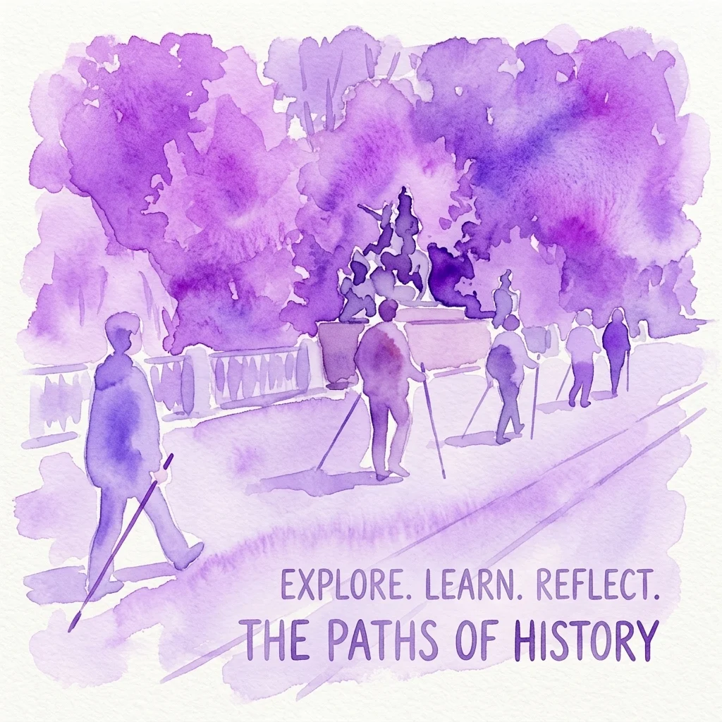 Una ilustración en acuarela de personas practicando marcha nórdica en un parque, con árboles morados y una estatua al fondo, promoviendo una actividad educativa al aire libre.