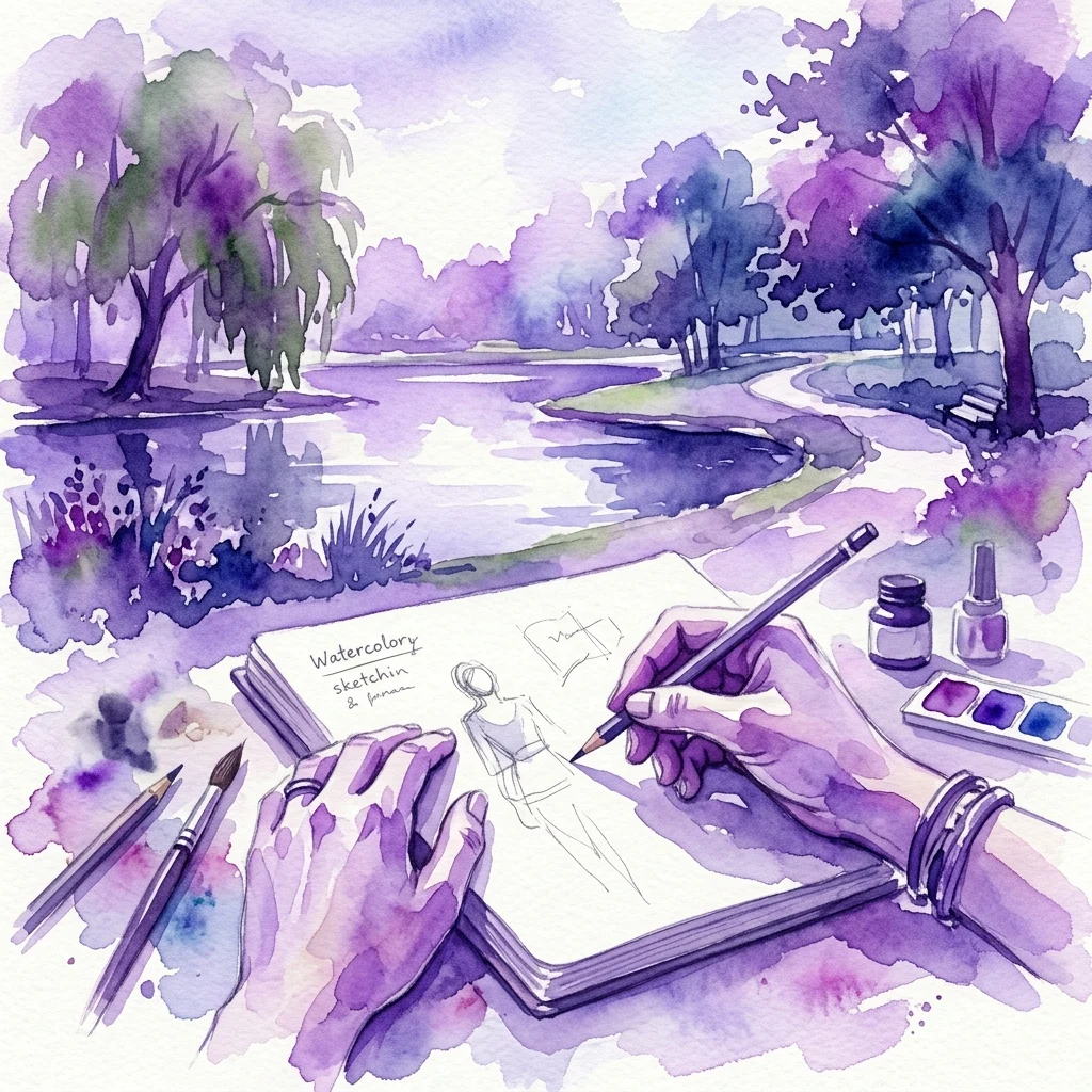 A watercolor illustration of hands sketching in a notebook with artistic tools, set against a serene park landscape with a lake and trees.