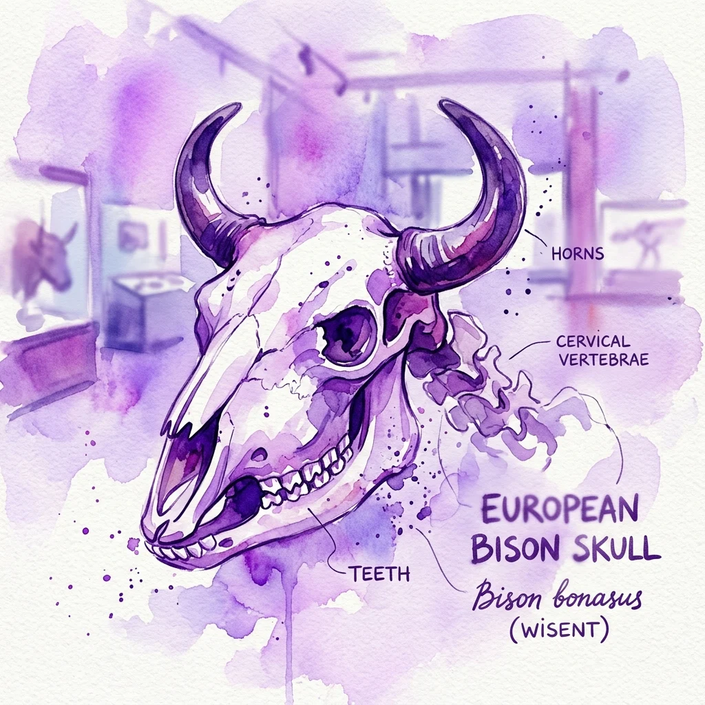 Illustratie van een Europese bizon (Bison bonasus) schedel met gelabelde delen, waaronder hoorns, tanden en halswervels, tegen een paarse aquarel achtergrond die doet denken aan een museumexpositie.