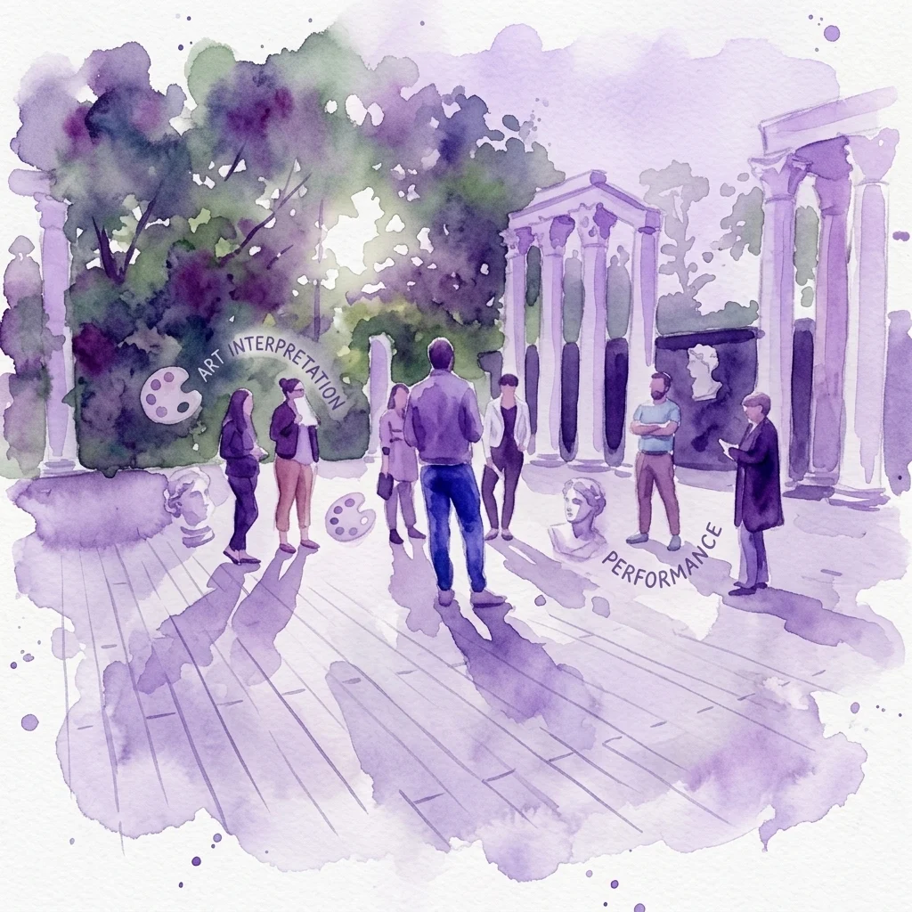 Een aquarelillustratie van jongeren die deelnemen aan een workshop kunstinterpretatie en -uitvoering in een museum, omringd door klassieke zuilen en sculpturen.