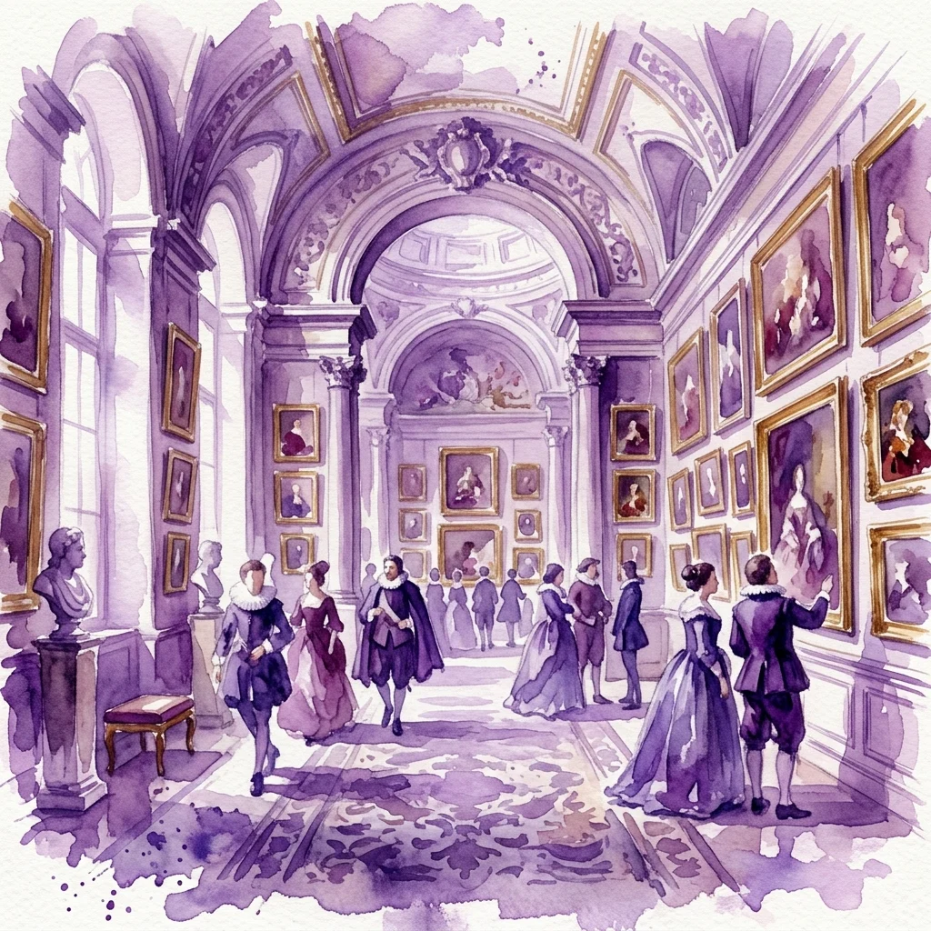 Ilustracja akwarelowa wnętrza galerii sztuki z XVII wieku z odwiedzającymi oglądającymi oprawione obrazy, nawiązująca stylem do dzieł Starych Mistrzów.