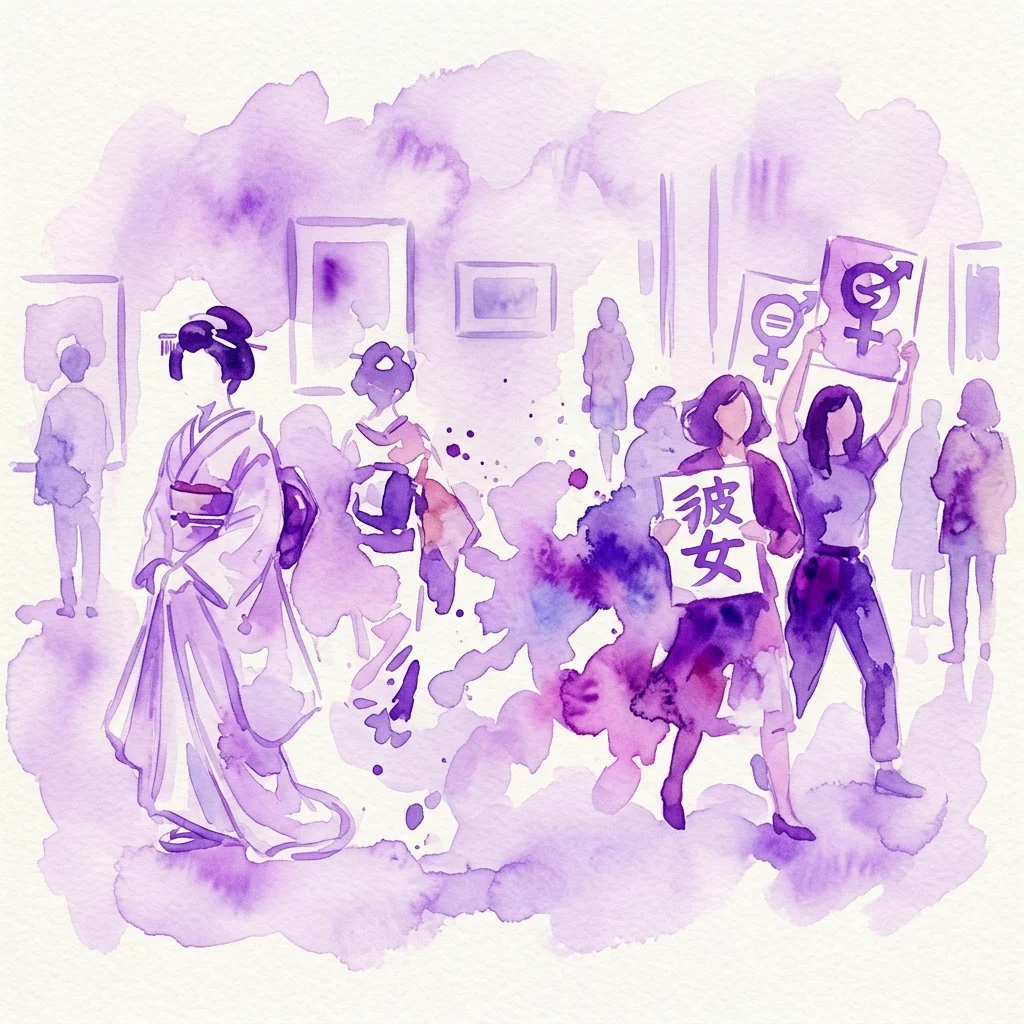 A watercolor illustration depicting a geisha in traditional kimono alongside modern feminist protesters holding signs, symbolizing the transition from traditional to contemporary women's roles in Japanese culture.