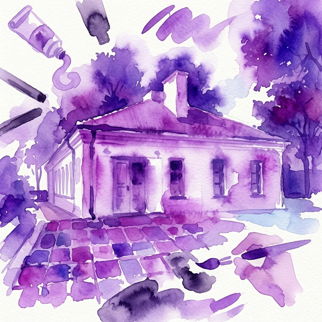 Ilustracja akwarelowa budynku w purpurowych barwach, otoczonego materiałami artystycznymi, takimi jak tubki farby, ołówki i pędzel, przywołująca atmosferę pracowni lub studia artystycznego.