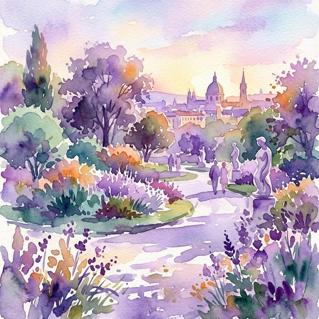Akwarela przedstawiająca ogród botaniczny z bujną zielenią, ścieżkami spacerowymi i klasycznymi rzeźbami, na tle panoramy miasta o zachodzie słońca.