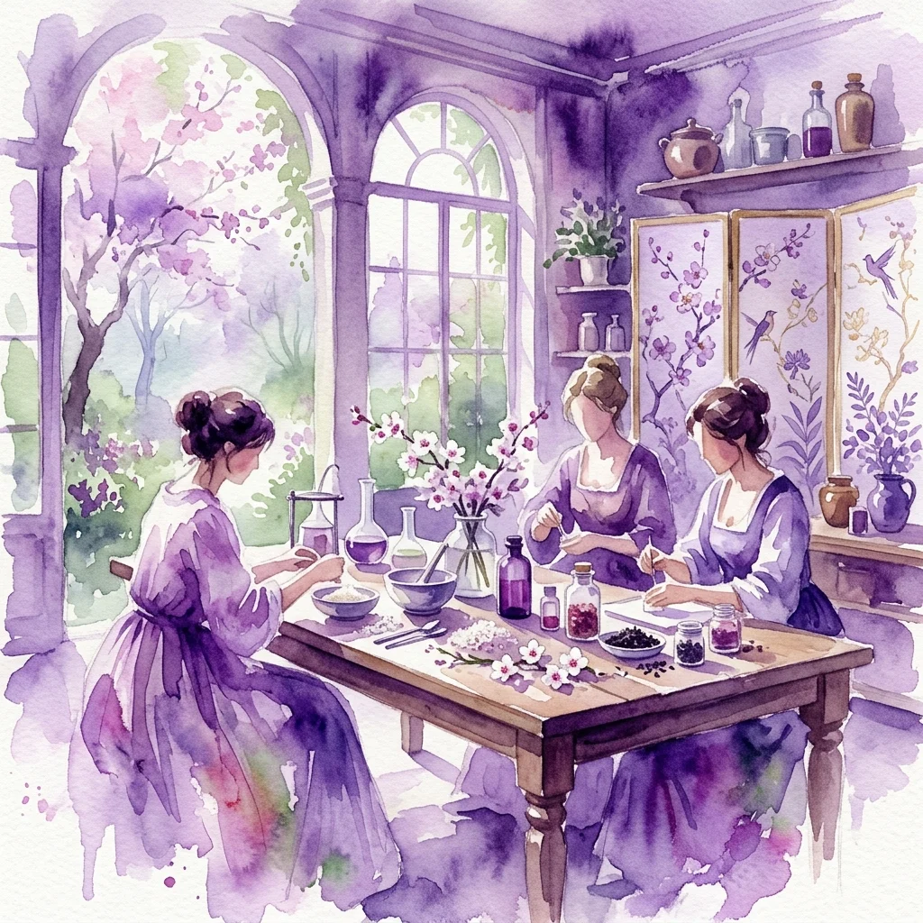 Kobiety w strojach z XVIII wieku tworzące botaniczne kosmetyki w pracowni inspirowanej stylem `chinoiserie` z kwiatami wiśni, ryżem i składnikami herbaty.