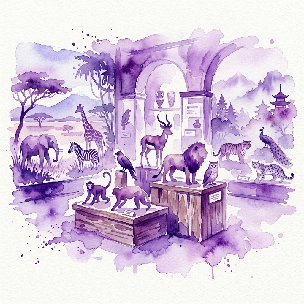 Waterverfillustratie van de museumtentoonstelling 'Oko w oko' met opgezette exotische dieren uit Afrika, Azië en andere continenten, tentoongesteld in een natuurhistorische setting met landschappelijke achtergronden.