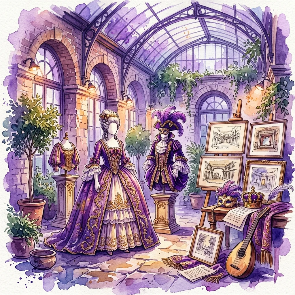 Akwarelowa ilustracja wystawy w Starej Pomarańczarni, przedstawiająca kostiumy teatralne z epoki w kolorze fioletowym, maski weneckie, szkice scenografii oraz lutnię.