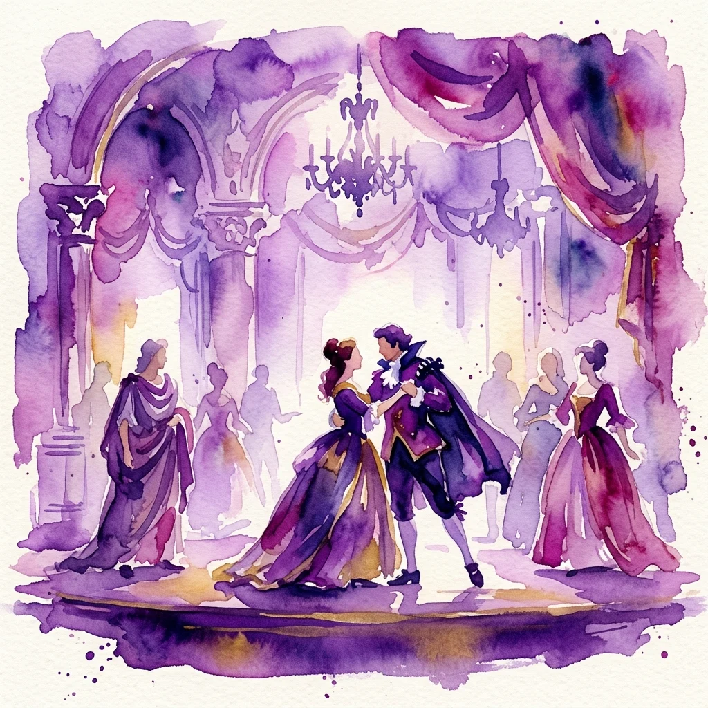 Ilustracja akwarelowa barokowej sceny operowej z wykonawcami w klasycznych kostiumach na scenie, z dramatycznym fioletowym oświetleniem i żyrandolem, przedstawiająca 'Semiramide riconosciuta' Leonarda Vinciego w Teatrze Królewskim.