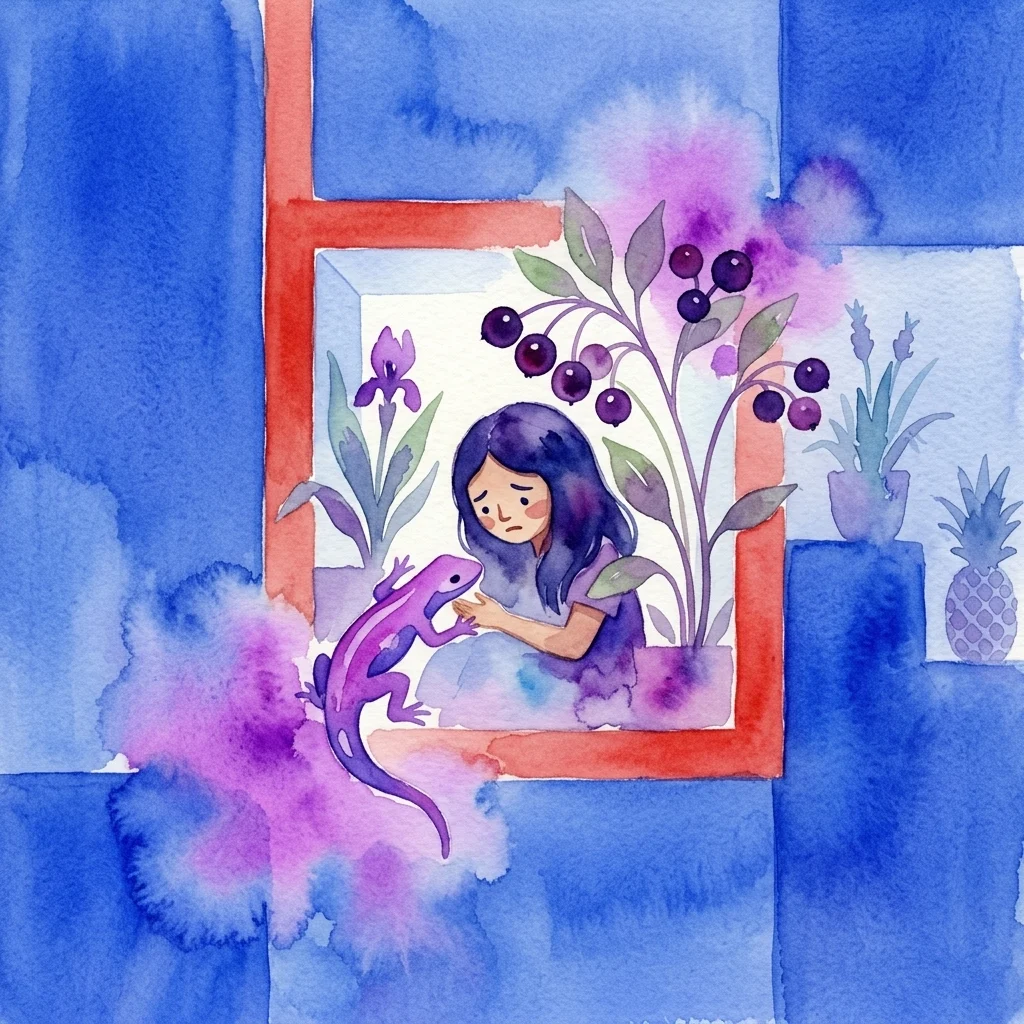 Una ilustración en acuarela de una niña de pelo oscuro con aspecto triste mientras una salamandra morada se acerca a ella en una vibrante habitación azul y morada con plantas.