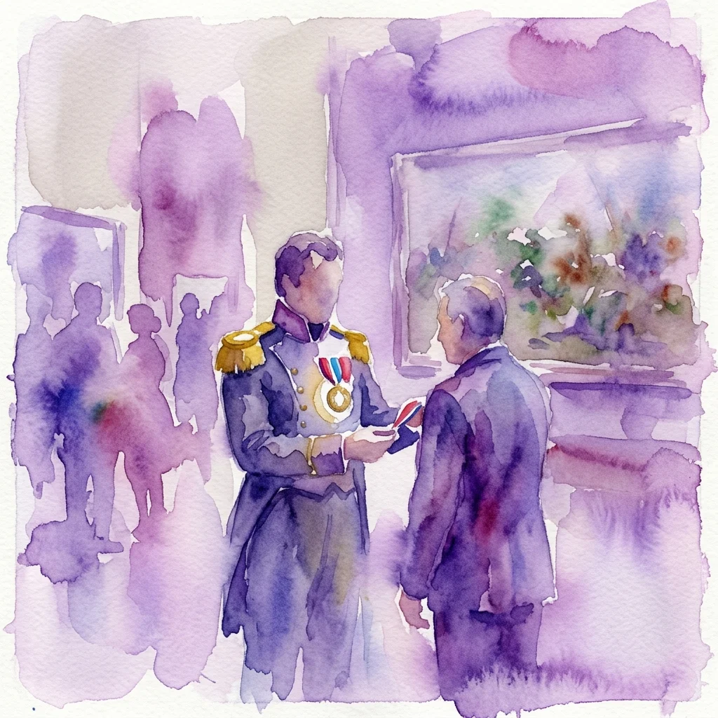 Waterverfillustratie van een militair officier in uniform die de Orde van Virtuti Militari overhandigt aan een andere man in een formele ceremonie.