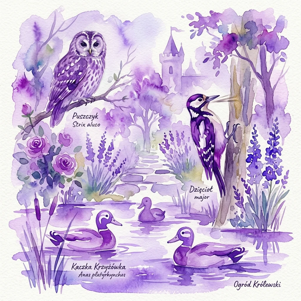 Waterverfillustratie van inheemse Poolse vogels in een koninklijke tuin: een ransuil, grote bonte specht en wilde eenden, met hun namen en wetenschappelijke namen, tegen de achtergrond van Royal Łazienki Park.